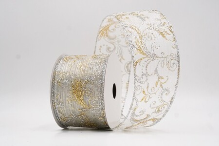 White Glitter Filigree Scroll Sheer Ribbon_KW0453G-1